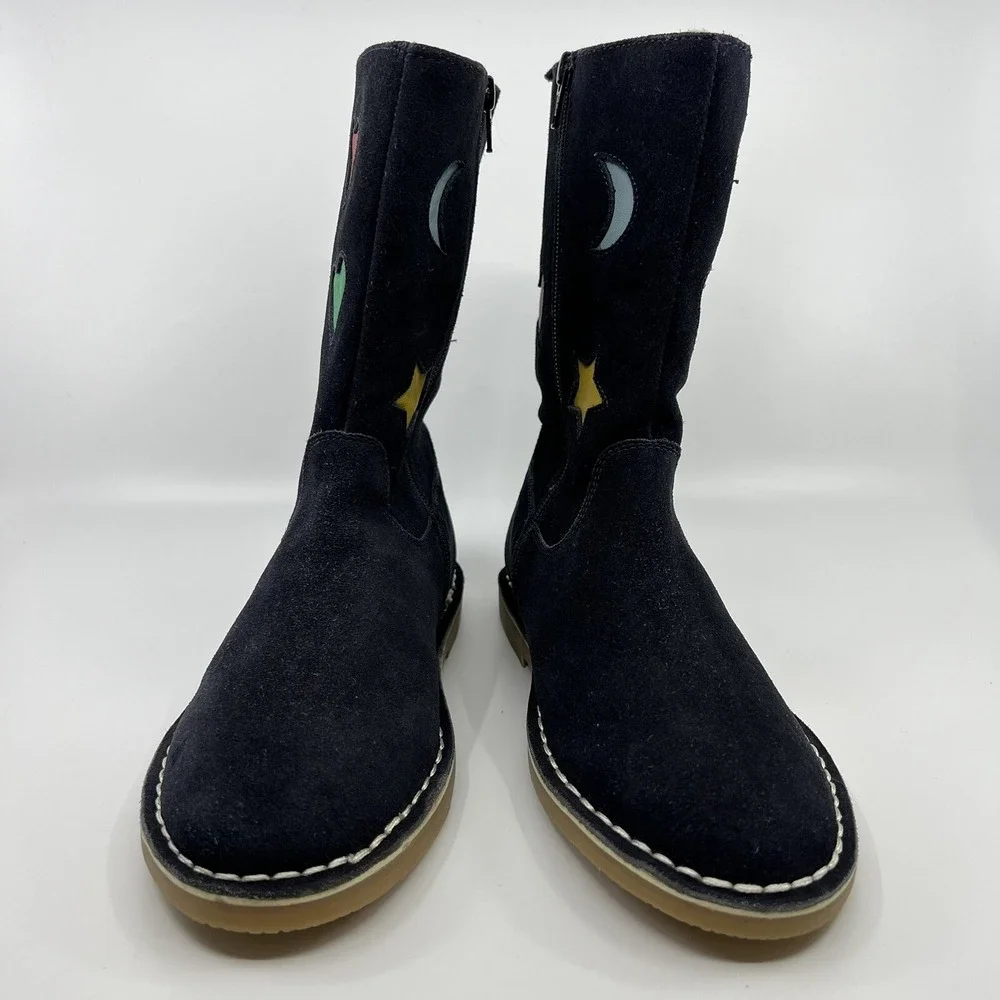 NEW Boden Suede Applique Boots Girls 4.5 Navy‎ Blue Hearts Stars Moon Zip Up